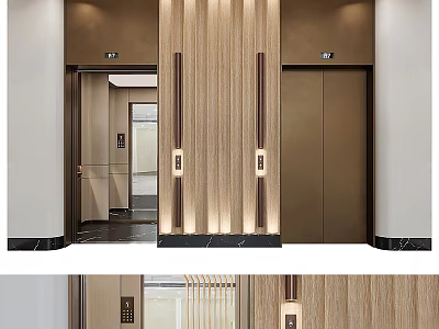 Elegant Modern Elevator Lobby With Wooden Paneling Gold Doors And Lighting 3d model