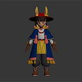 Fantasy Creature Character with Horned Hat Blue Cloak and Tasseled Skirt Outfit
