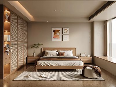 Modern Minimalist Bedroom Interior With Wooden Wardrobe Decorative Paintings Rug And Window Seat 3d model