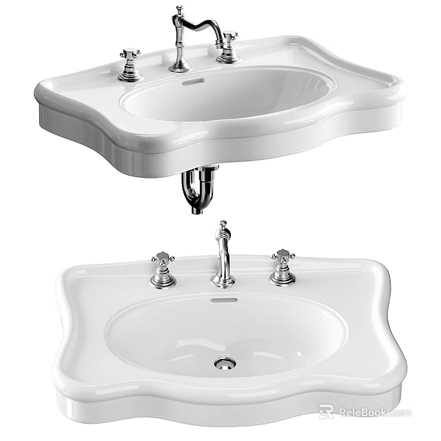 White Ceramic Modern Design Washbasin With Twin Faucets And Wall Mounted Installation 3d model 