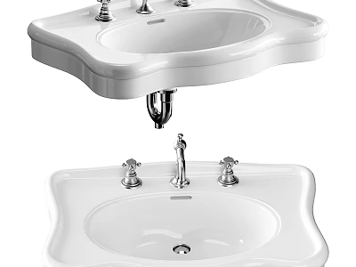 White Ceramic Modern Design Washbasin With Twin Faucets And Wall Mounted Installation 3d model