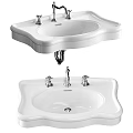 White Ceramic Modern Design Washbasin With Twin Faucets And Wall Mounted Installation