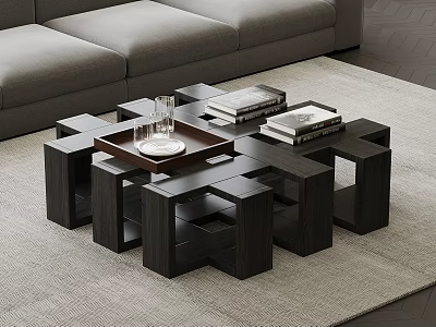 Modern Geometric Dark Solid Wood Coffee Table For Stylish Minimalist Living Room Interior Decoration 3d model
