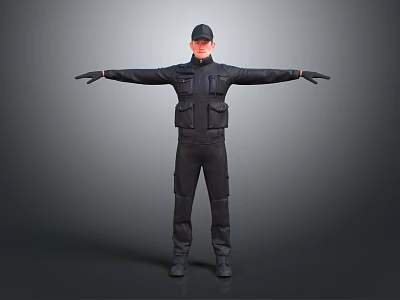 Black Tactical Uniform With Long Sleeve Top Multiple Pockets Pants And Cap 3d model