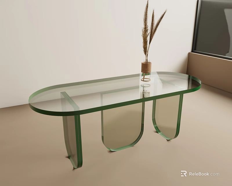 Oval Shaped Glass Top Dining Table With Green Legs And Pampas Grass Vase 3d model 