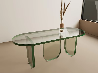 Oval Shaped Glass Top Dining Table With Green Legs And Pampas Grass Vase 3d model