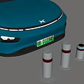 Road Facilities With Red And White Striped Traffic Bollards Next To Blue Car