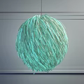 Modern Spherical Feather Like Light Green Glowing Chandelier Against Minimalist Wall Background