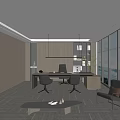 Modern Office Interior Design With Wooden Walls Large Windows Desk Bookshelf And Green Plant