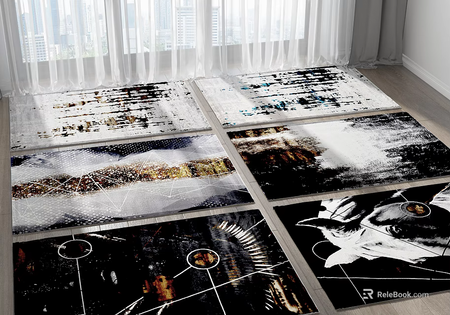 Modern Square Rugs with Abstract Black White Patterns for Living Room Decor 3d model 