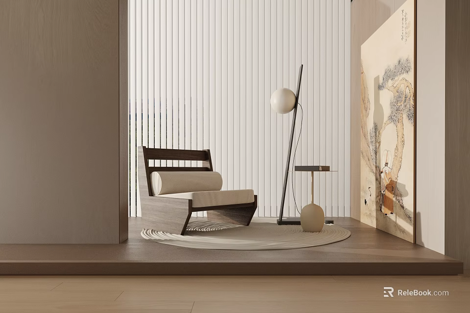 Leisure Chair In Minimalist Luxury Interior With Floor Lamp Small Round Table And Decorative Painting 3d model 