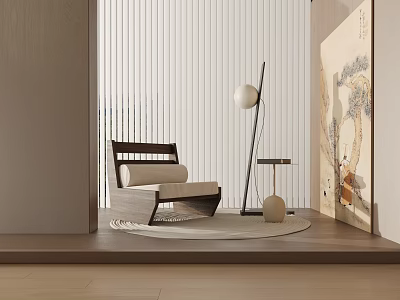 Leisure Chair In Minimalist Luxury Interior With Floor Lamp Small Round Table And Decorative Painting 3d model