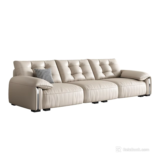 Modern Cream Leather Three Seater Sofa With Metal Legs And Checkered Cushion 3d model 