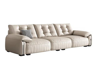 Modern Cream Leather Three Seater Sofa With Metal Legs And Checkered Cushion 3d model