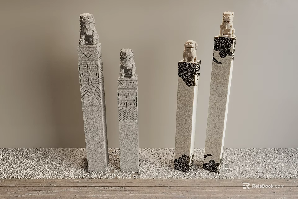 Traditional Decorative Stone Lion Statues On Ornate Carved Pillars With Intricate Details 3d model 