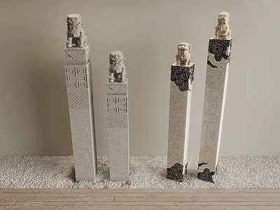 Traditional Decorative Stone Lion Statues On Ornate Carved Pillars With Intricate Details 3d model