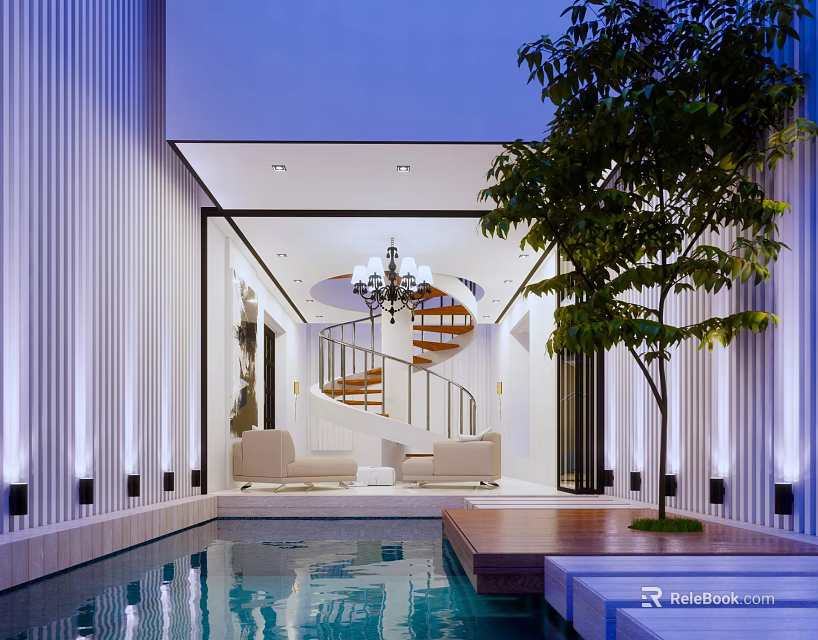 Elegant Modern Garden With Swimming Pool Tree Seating And Indoor Outdoor Design 3d model 