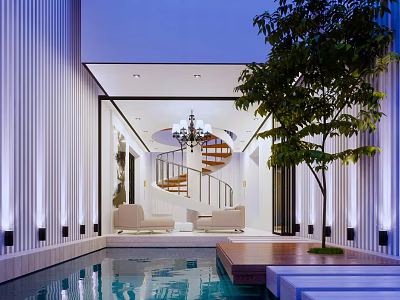 Elegant Modern Garden With Swimming Pool Tree Seating And Indoor Outdoor Design 3d model