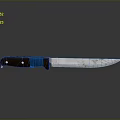 Professional Chef Knife with Silver Blade Brown Blue Handle on Gray Background Flat Surface Reflection
