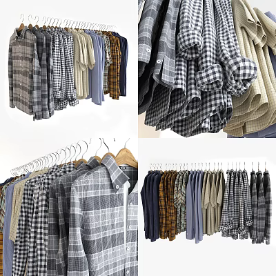 Stylish Plaid Shirts in Various Colors and Patterns Hanging on Racks 3d model