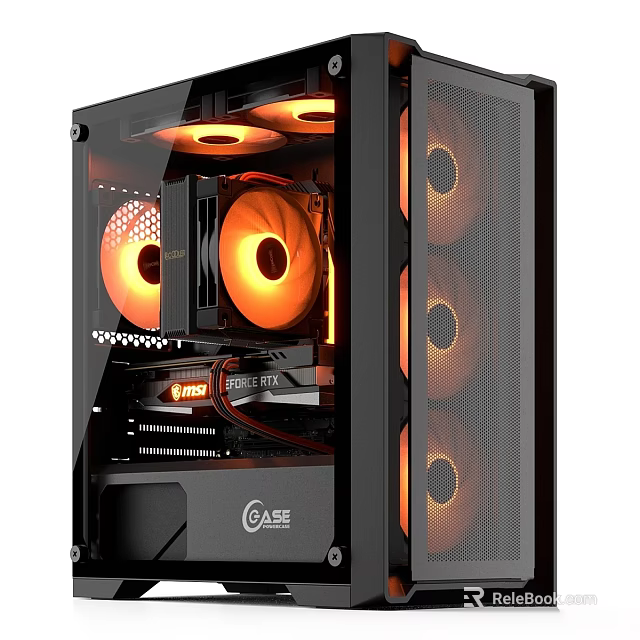 Gaming PC Case Interior Design With Transparent Side Panel And Orange LED Fans 3d model