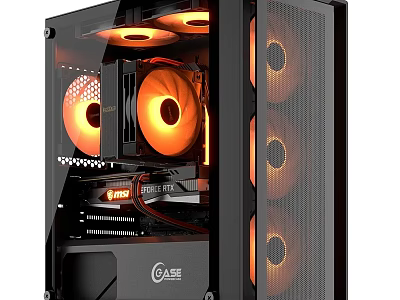 Gaming PC Case Interior Design With Transparent Side Panel And Orange LED Fans 3d model