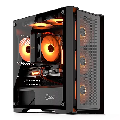 Gaming PC Case Interior Design With Transparent Side Panel And Orange LED Fans 3d model