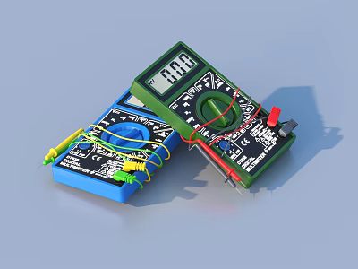 Professional Hardware Tools Digital Multimeters Featuring Blue Green Probes Clear Display and Control Knobs 3d model