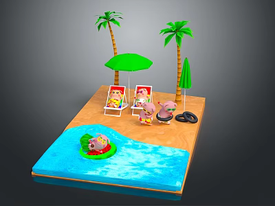 Colorful Cartoon Beach Scene With Palm Trees Green Umbrella Deck Chairs And Playful Characters 3d model