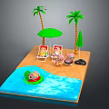 Colorful Cartoon Beach Scene With Palm Trees Green Umbrella Deck Chairs And Playful Characters