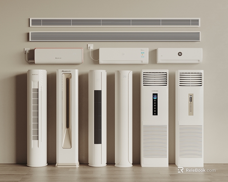 White Air Conditioners and Fans Including Wall Mounted Standing and Cabinet Types for Home Use 3d model 