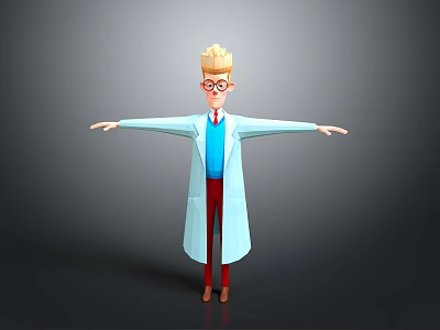 3D Character With Blonde Hair Glasses White Lab Coat Blue Shirt Red Pants Arms Outstretched 3d model