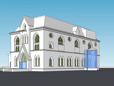 White Gothic Style Building With Arched Windows And Blue Entrance Design 3d model
