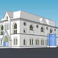 White Gothic Style Building With Arched Windows And Blue Entrance Design