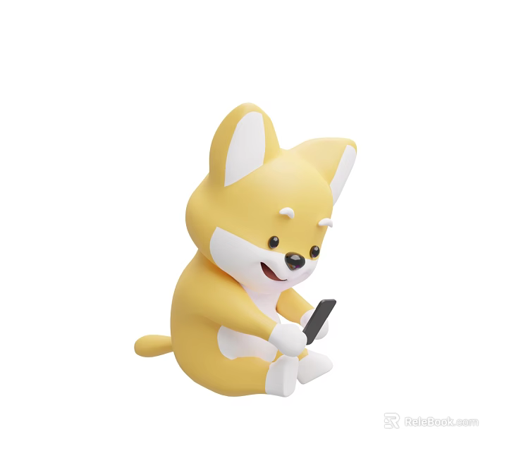 Cute Yellow Corgi Toy Figure Sitting Holding Smartphone With Happy Playful Face Design 3d model 