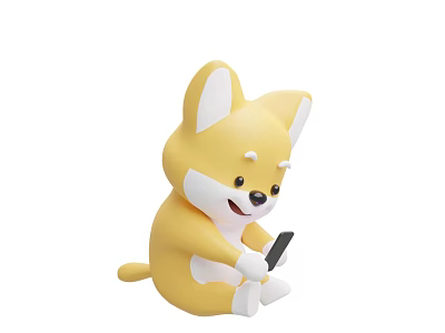 Cute Yellow Corgi Toy Figure Sitting Holding Smartphone With Happy Playful Face Design 3d model
