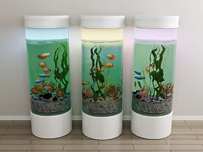 Three Cylindrical White Aquarium Tanks Home Interior Design With Aquatic Plants Colorful Fish And Coral 3d model