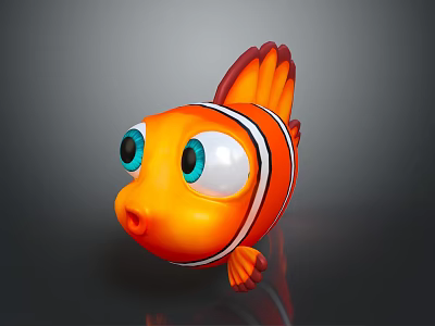 Cute Orange Clownfish 3D Model With White Stripes Blue Eyes Open Mouth And Red Fins 3d model