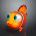 Cute Orange Clownfish 3D Model With White Stripes Blue Eyes Open Mouth And Red Fins