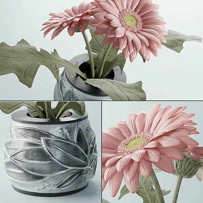 Pink Gerbera Flowers In Leaf Patterned Grey Vase With Fresh Green Leaves 3d model
