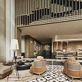 Luxurious Hotel Lobby Interior With Wooden Ceiling Turquoise Hanging Lights And Marble Floor