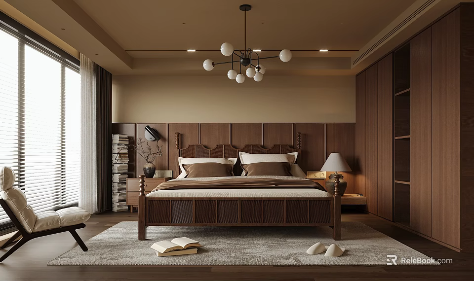 Modern Wooden Bedroom Interior With Headboard Bed Bookshelf Window Rug Book Slippers And Chandelier 3d model 