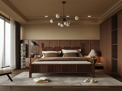 Modern Wooden Bedroom Interior With Headboard Bed Bookshelf Window Rug Book Slippers And Chandelier 3d model