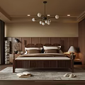 Modern Wooden Bedroom Interior With Headboard Bed Bookshelf Window Rug Book Slippers And Chandelier