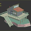 Small Cabin with Red Roof Gray Walls Wooden Deck Railings Stairs and Pink Blue Base