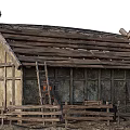 Ancient Traditional Building with Wooden Roof and Beams Surrounded by Fence and Tools