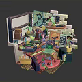 Colorful 3D Creative Room Interior With Keyboard Table Chair Poster And Plants