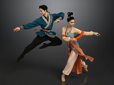 Two People Performing Traditional Dance With Dynamic Poses And Graceful Movements 3d model