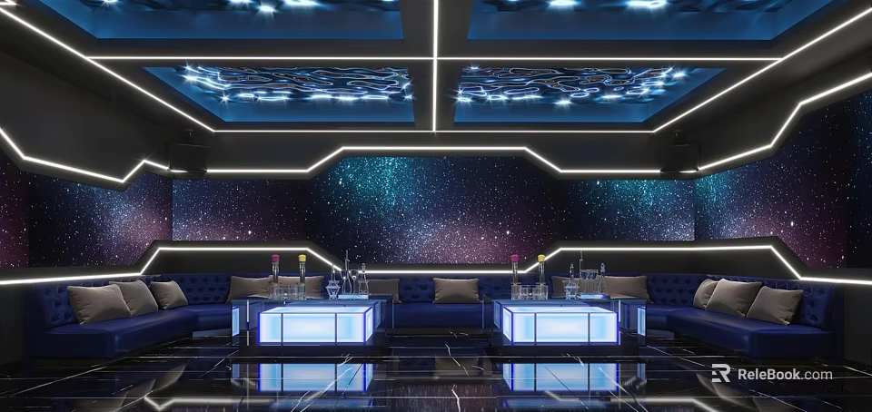 Modern KTV Interior Design With Starry Sky Background Blue Lighting Sofas And Coffee Tables 3d model