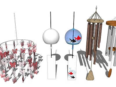 Assorted Wind Chimes Featuring Pink Red Butterfly White Blue Spherical and Wooden Designs 3d model